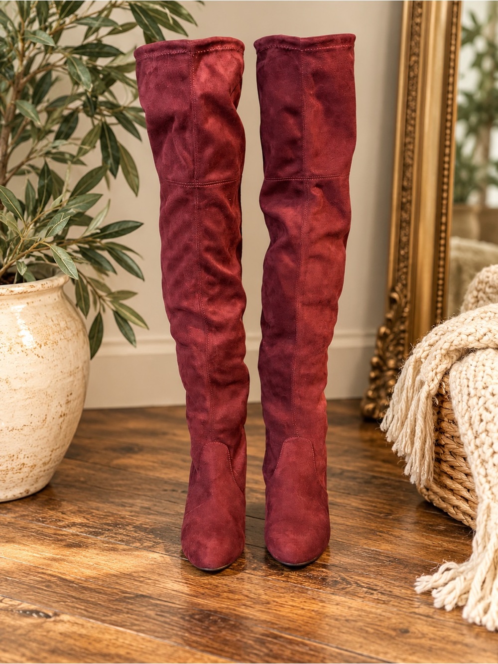 Burgundy Wine Over-the-Knee Suede Boots – Size 7 – Block Heel + Tie Back